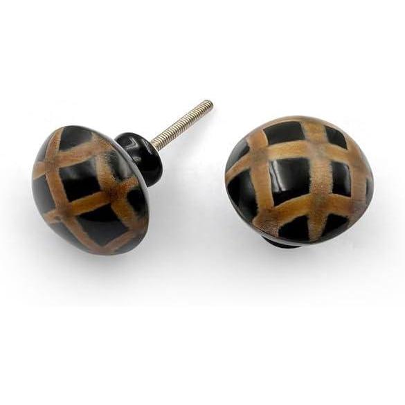 Round Horn Knob with Ceramic Finish | Brown & Black Handcrafted Checkered Pattern Decorative Cabinet & Drawer Pull | Knob for Dresser & Cupboard Stylish Furniture Hardware
