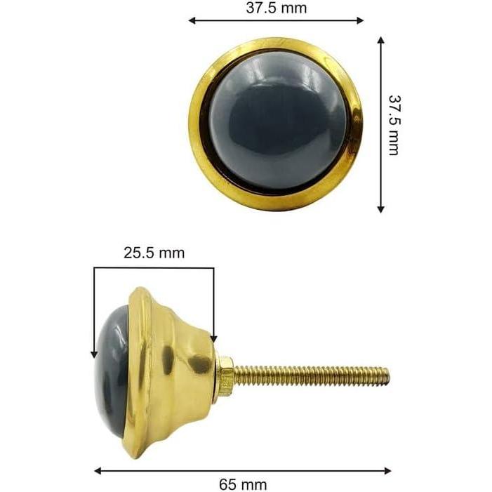 Round Knob with Ceramic Finish | Black & Gold Decorative Cabinet & Drawer | Resin & Brass Furniture Handle for Dresser, Wardrobe | 37.5x37.5 mm Face | 25.5 mm Depth | 65 mm Screw