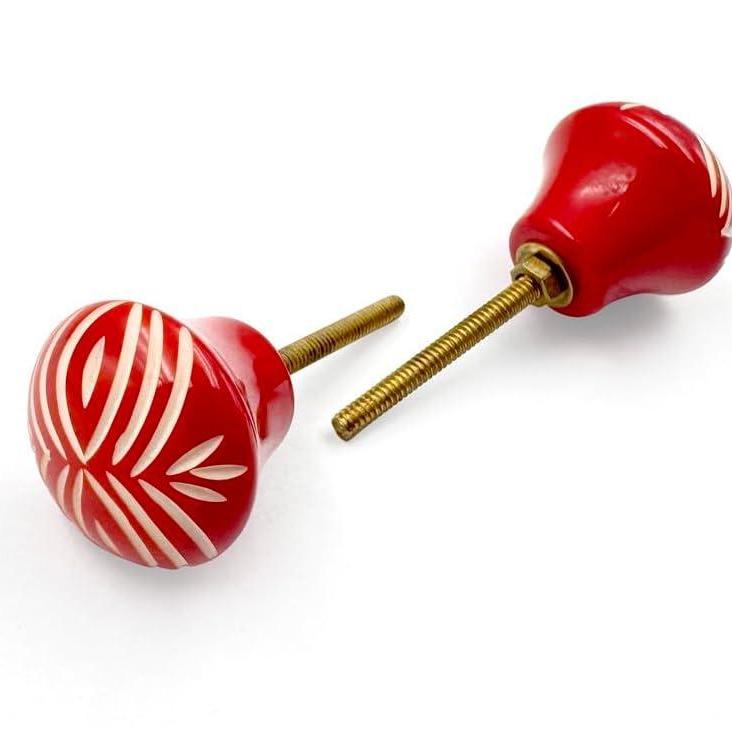 Round Red Resin Knob with White Handcrafted Pattern | Ceramic Finish Cabinet Drawer Pull Handle | Decorative Knob for Dresser | 37x37 mm Face | 32 mm Depth | 78 mm Screw Length