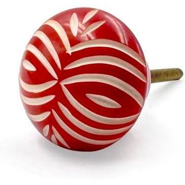 Round Red Resin Knob with White Handcrafted Pattern | Ceramic Finish Cabinet Drawer Pull Handle | Decorative Knob for Dresser | 37x37 mm Face | 32 mm Depth | 78 mm Screw Length
