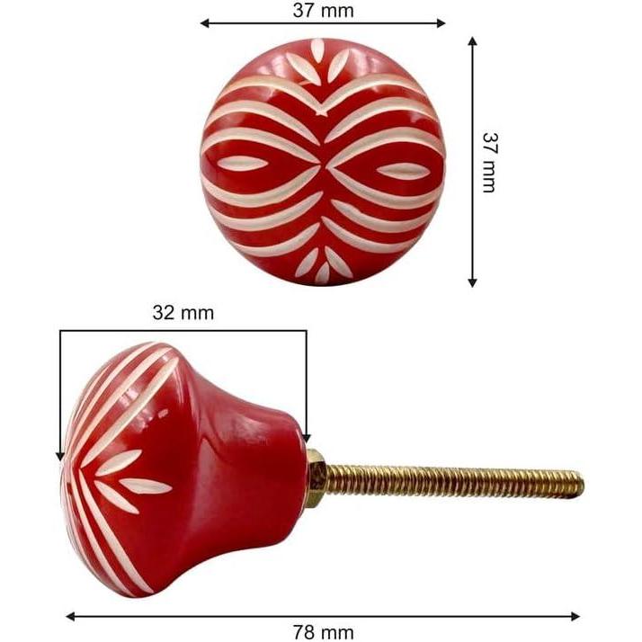 Round Red Resin Knob with White Handcrafted Pattern | Ceramic Finish Cabinet Drawer Pull Handle | Decorative Knob for Dresser | 37x37 mm Face | 32 mm Depth | 78 mm Screw Length