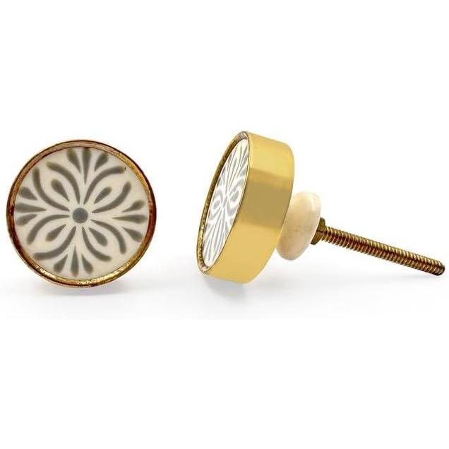 Round Resin & Brass Knob with Ceramic Finish | White Grey Handcrafted Pattern with Gold Edge | Decorative Cabinet & Drawer Pull | 41x41 mm Face | 25 mm Depth | 78 mm Screw