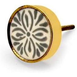 Round Resin & Brass Knob with Ceramic Finish | White Grey Handcrafted Pattern with Gold Edge | Decorative Cabinet & Drawer Pull | 41x41 mm Face | 25 mm Depth | 78 mm Screw