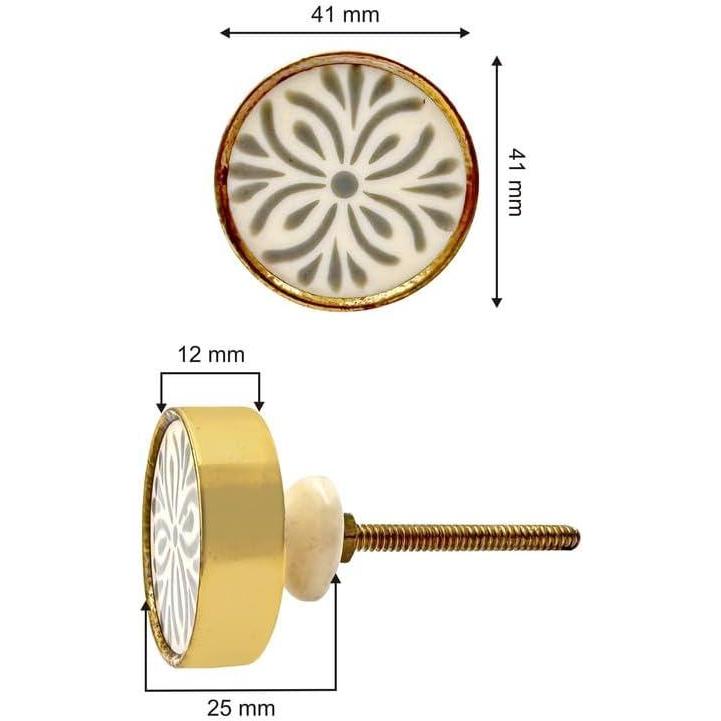 Round Resin & Brass Knob with Ceramic Finish | White Grey Handcrafted Pattern with Gold Edge | Decorative Cabinet & Drawer Pull | 41x41 mm Face | 25 mm Depth | 78 mm Screw