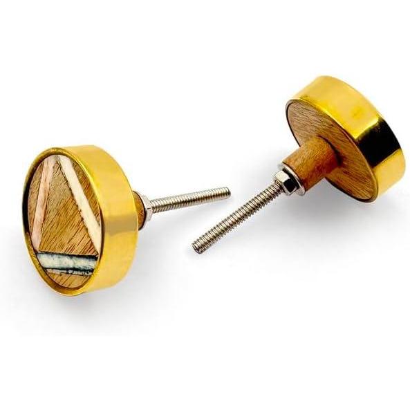 Round Wood, Bone & Brass Knob | Ceramic Finish with Rim & Geometric Inlay | Decorative Cabinet & Drawer Pull Handle | 41x41 mm Face | 25 mm Depth | 12 mm Height