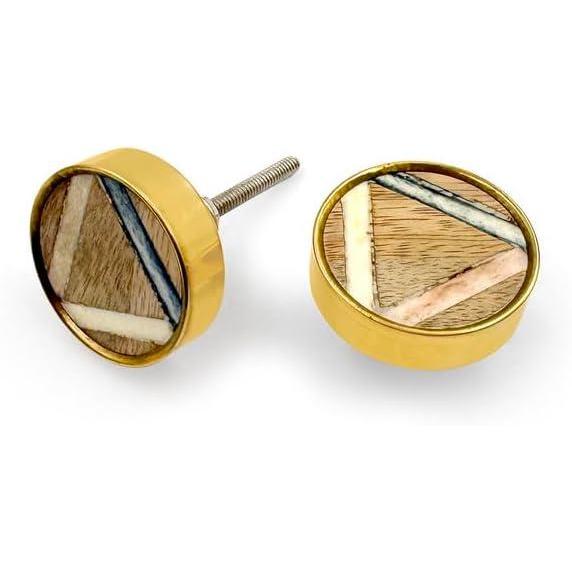 Round Wood, Bone & Brass Knob | Ceramic Finish with Rim & Geometric Inlay | Decorative Cabinet & Drawer Pull Handle | 41x41 mm Face | 25 mm Depth | 12 mm Height