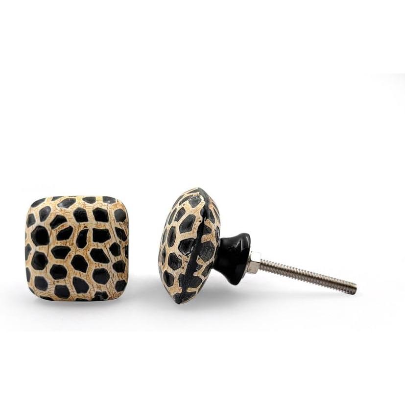 Square Horn Knob with Animal Print Design | Ceramic Finish Cabinet Drawer Handle | Decorative Furniture Knob for Cupboards Dressers | 38x38 mm Face | 30 mm Depth | 20 mm Height