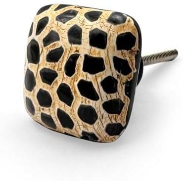 Square Horn Knob with Animal Print Design | Ceramic Finish Cabinet Drawer Handle | Decorative Furniture Knob for Cupboards Dressers | 38x38 mm Face | 30 mm Depth | 20 mm Height