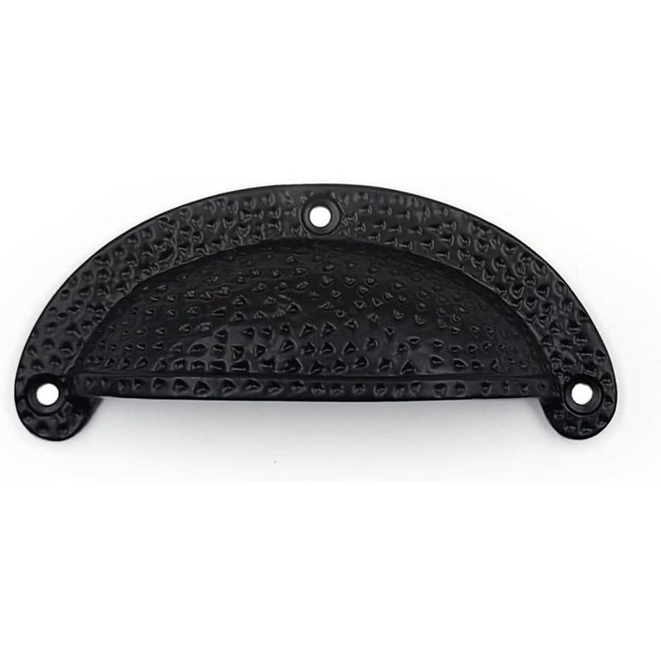 Textured Half Moon Cup Handle Strong Cast Iron Material | Drawer Pull Black Powder Coated Finish | Rustic Vintage Cabinet & Cupboard | 112 mm Length x 100 mm Hole-to-Hole Distance