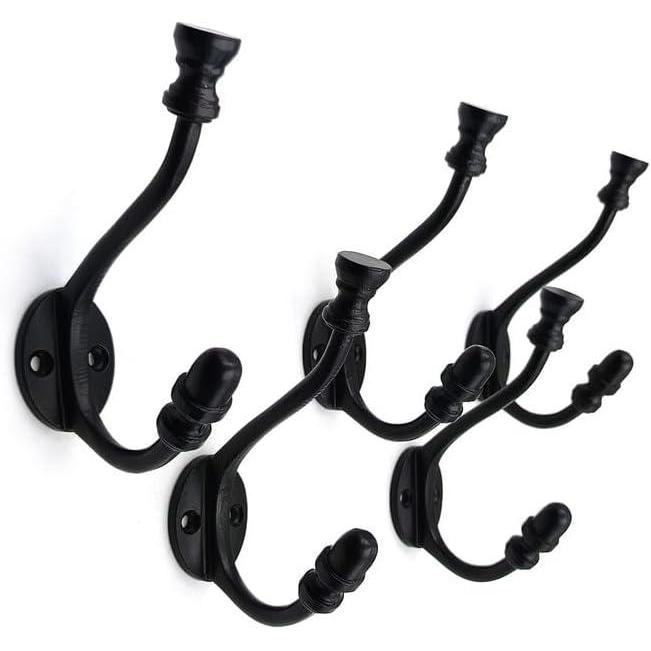 Wall Mounted Cast Iron Coat Hook with Dual Hooks | Antique Iron Finish | 125 mm Height x 78 mm Depth | Decorative Hanger for Coats, Hats | Sturdy Metal Wall Hook for Home