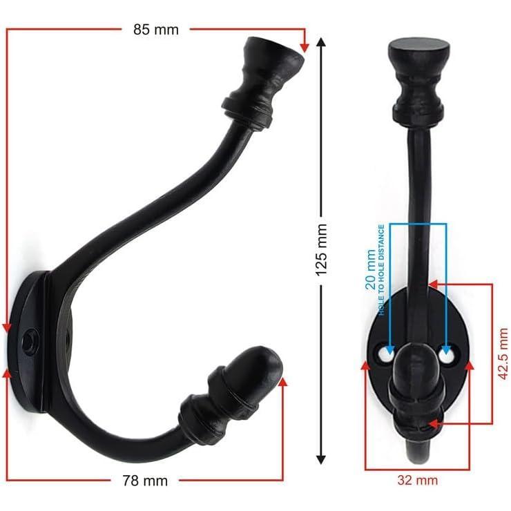 Wall Mounted Cast Iron Coat Hook with Dual Hooks | Black Powder Coated Finish | 125 mm Height x 78 mm Depth | Decorative Hanger for Coats, Hats | Sturdy Metal Wall Hook for Home