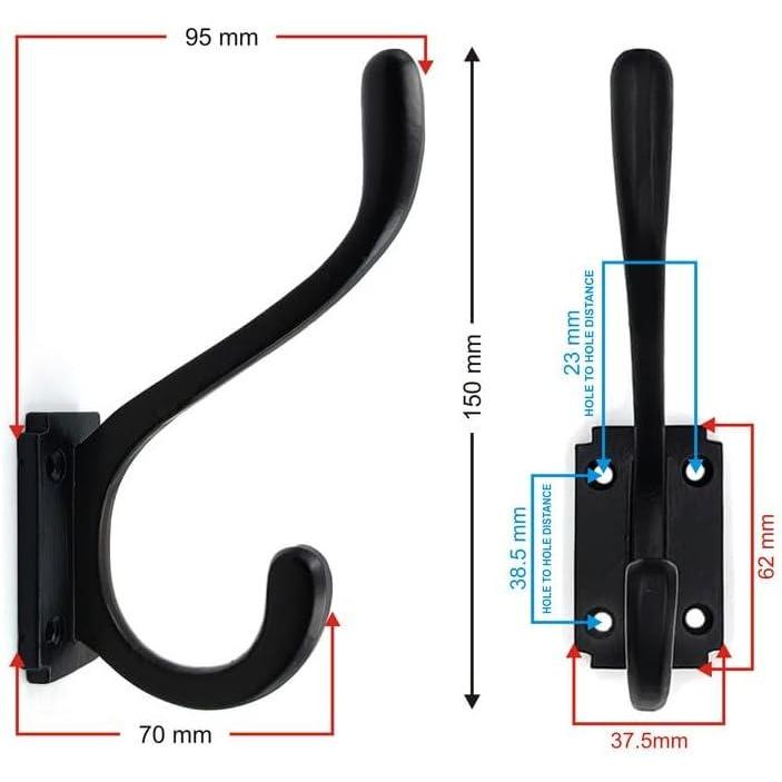 Wall Mounted Cast Iron Double Coat Hook | Antique Iron Hook | 150 mm Height × 95 mm Upper Hook × 70 mm Depth × 37.5 mm Base Width × 62 mm Base Height | Hanger for Coats, Hat