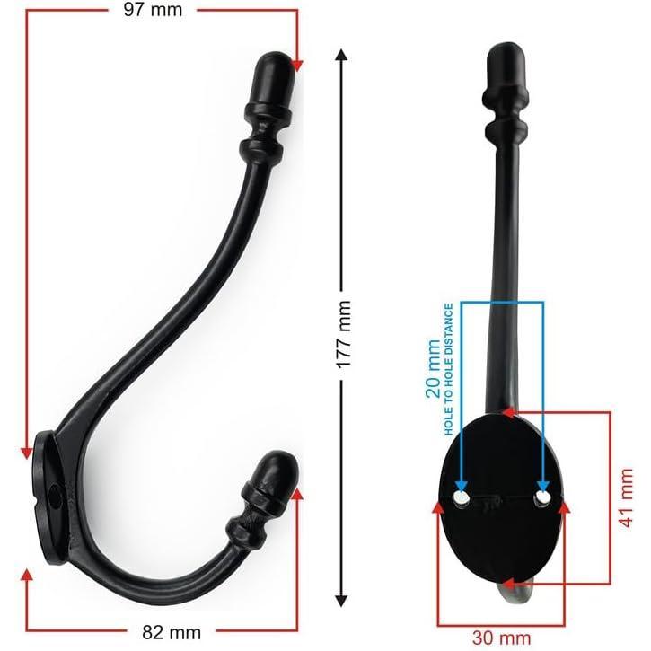 Wall Mounted Cast Iron Double Coat Hook | Antique Iron Hook | 177 mm Height × 97 mm Upper Hook × 82 mm Depth × 30 mm Base Width × 41 mm Base Height | Decorative Hanger for Coats