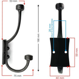 Wall Mounted Cast Iron Double Coat Hook | Black Powder Coated Vintage | 166 mm Height × 75 mm Depth × 53 mm Upper Hook × 40 mm Base Width × 59 mm Base Height | Hanger for Coats