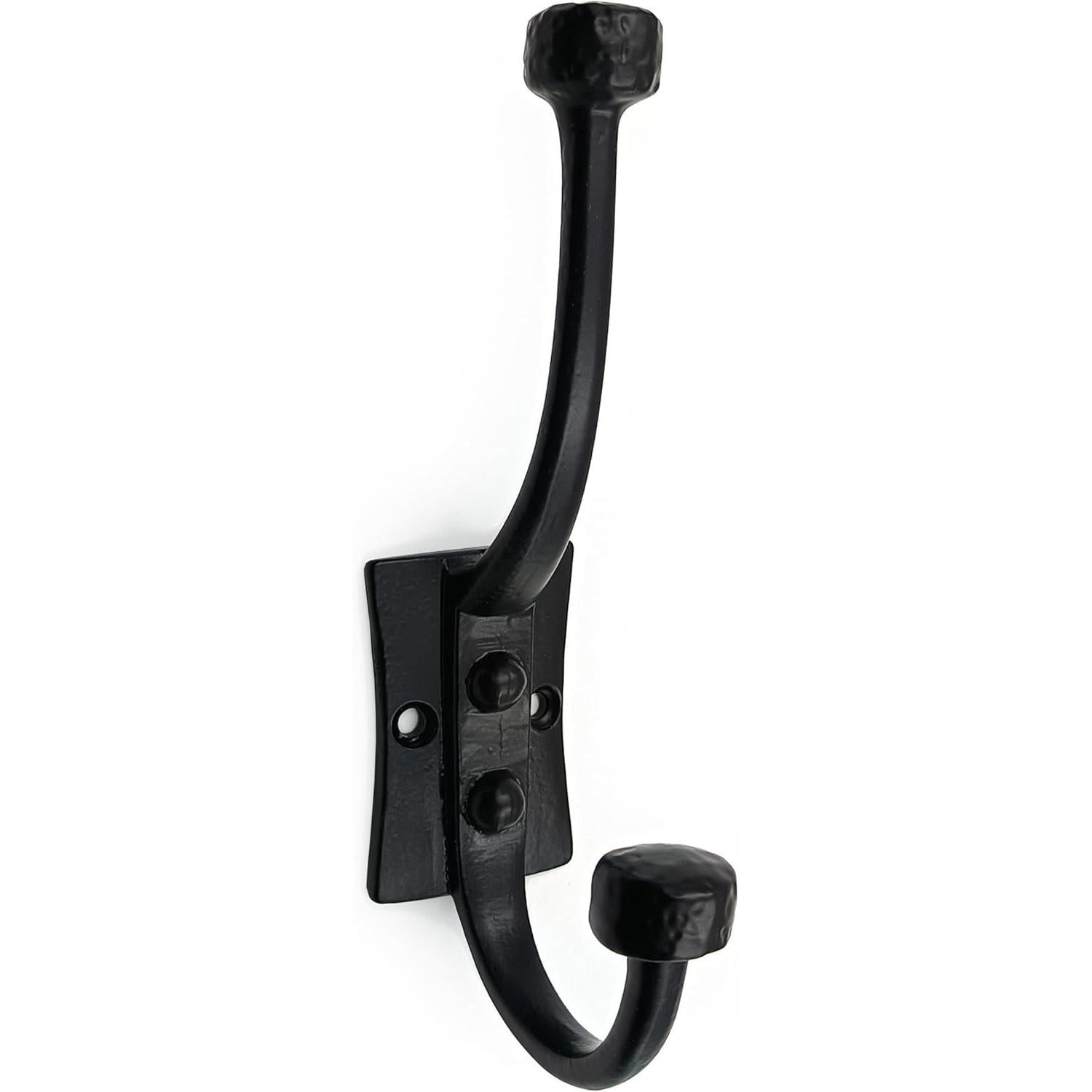 Wall Mounted Cast Iron Double Coat Hook | Black Powder Coated Vintage | 166 mm Height × 75 mm Depth × 53 mm Upper Hook × 40 mm Base Width × 59 mm Base Height | Hanger for Coats