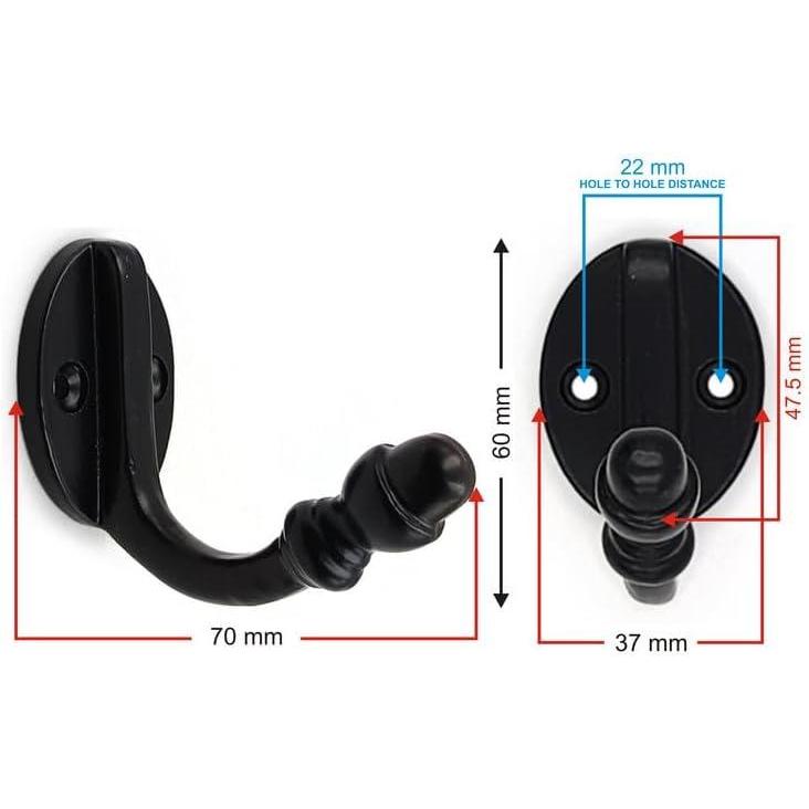 Wall Mounted Cast Iron Single Coat Hook | Black Powder Coated Finish | 60 mm Height × 70 mm Depth × 37 mm Width | Oval Base Decorative Hanger for Hats, Keys, Bags | Compact Hook