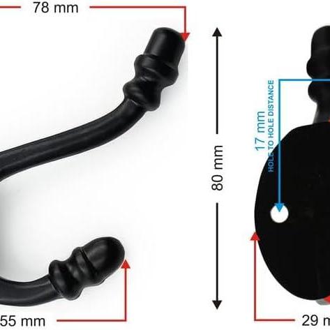 Wall Mounted Cast Iron Single Coat Hook | Black Powder Coated Finish | 80 mm Height × 78 mm Depth × 55 mm Base Length × 29 mm Width | Oval Base Hanger for Hats, Coats, Scarves
