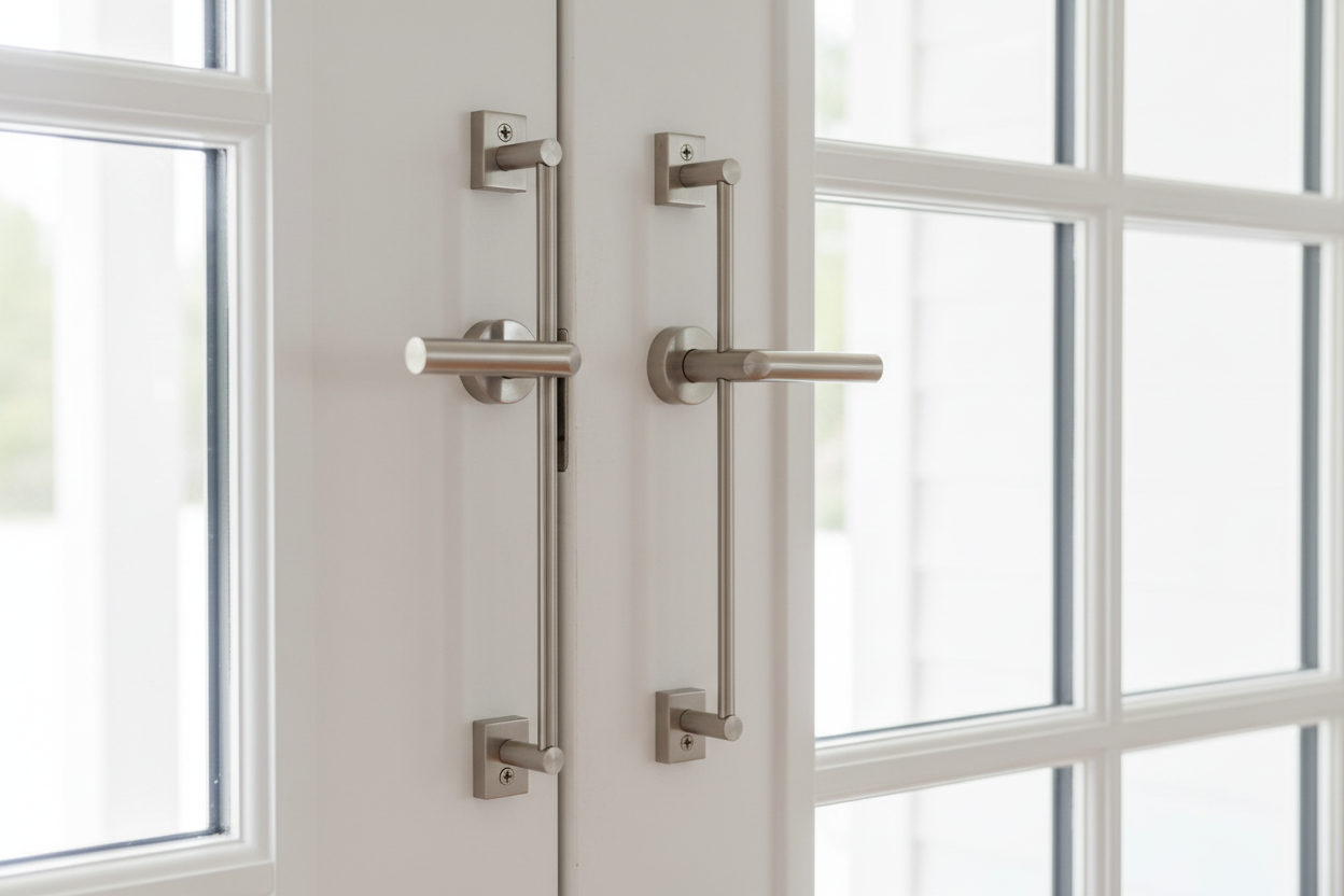Modern espagnolette bolt on double glass doors for enhanced home security and sleek style