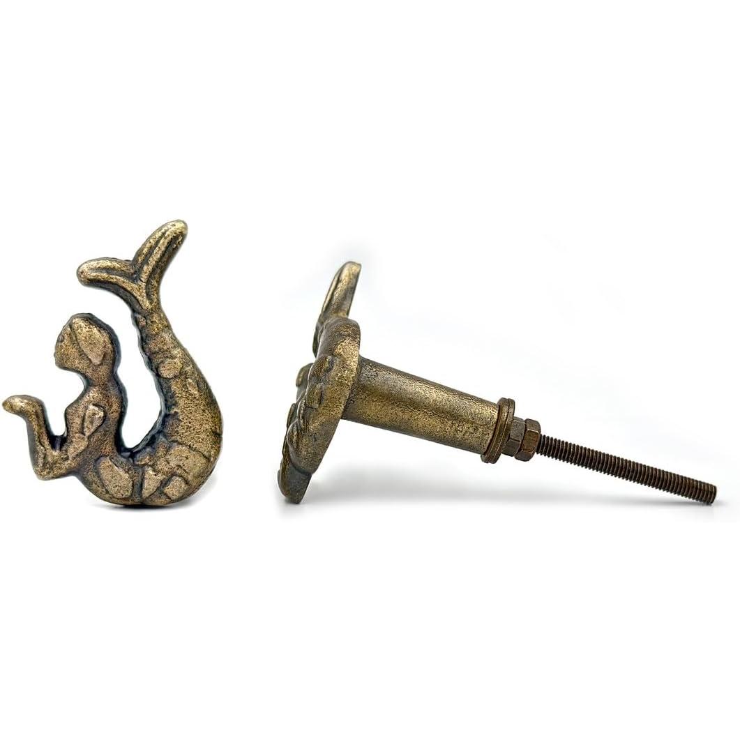 Antique Brass Mermaid Cabinet Knob – Cast Iron Cupboard Handle with Screw | Vintage Ocean-Themed Drawer Pull for Wardrobe, Kitchen & Furniture Restoration