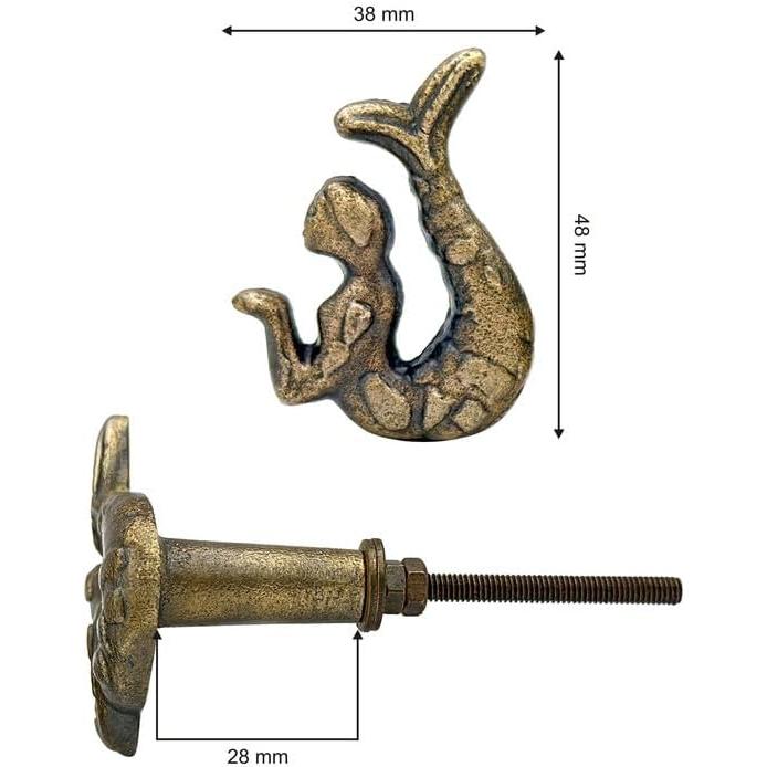 Antique Brass Mermaid Cabinet Knob – Cast Iron Cupboard Handle with Screw | Vintage Ocean-Themed Drawer Pull for Wardrobe, Kitchen & Furniture Restoration