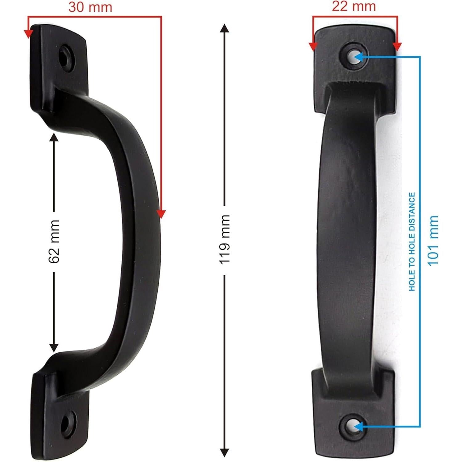 Black Powder Coated Door Pull Handle | Rustic Cabinet, Drawer & Gate Handle | Strong Cast Iron Decorative Hardware | 119 mm Length x 22 mm Base | Vintage Style Handle