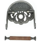 Cast Iron Toilet Paper Holder with Wooden Roller | Vintage Black Powder Coated GWR Railway Design | Bathroom Tissue Holder | 162mm Wide x 150mm Height x 23mm Roller Diameter