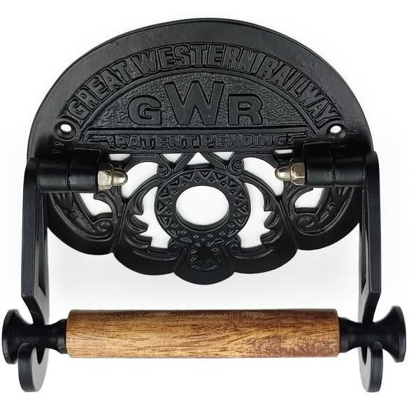 Cast Iron Toilet Paper Holder with Wooden Roller | Vintage Black Powder Coated GWR Railway Design | Bathroom Tissue Holder | 162mm Wide x 150mm Height x 23mm Roller Diameter