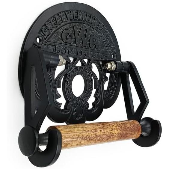 Cast Iron Toilet Paper Holder with Wooden Roller | Vintage Black Powder Coated GWR Railway Design | Bathroom Tissue Holder | 162mm Wide x 150mm Height x 23mm Roller Diameter