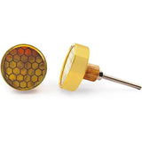 Decorative Round Cabinet Knob | Wood & Brass Material Drawer Handle | 41mm Diameter, 12mm Depth, 68mm Total Length | Honeycomb Pattern with Ceramic Finish Gold Tone for Cupboards