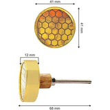Decorative Round Cabinet Knob | Wood & Brass Material Drawer Handle | 41mm Diameter, 12mm Depth, 68mm Total Length | Honeycomb Pattern with Ceramic Finish Gold Tone for Cupboards