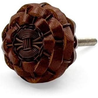Decorative Woven Style Cabinet Knob | Leather Material Drawer Handle | 35mm Diameter Knob with Ceramic Finish for Cupboards, Dressers, & Furniture | Brown Vintage Pattern