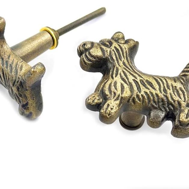 Dog Brass Knob | Antique Brass Drawer Pull Handle for Cabinets Dressers Wardrobes Cupboards | Vintage Animal Shaped Solid Brass Furniture Knob | 54x46 mm Decorative Hardware Pull