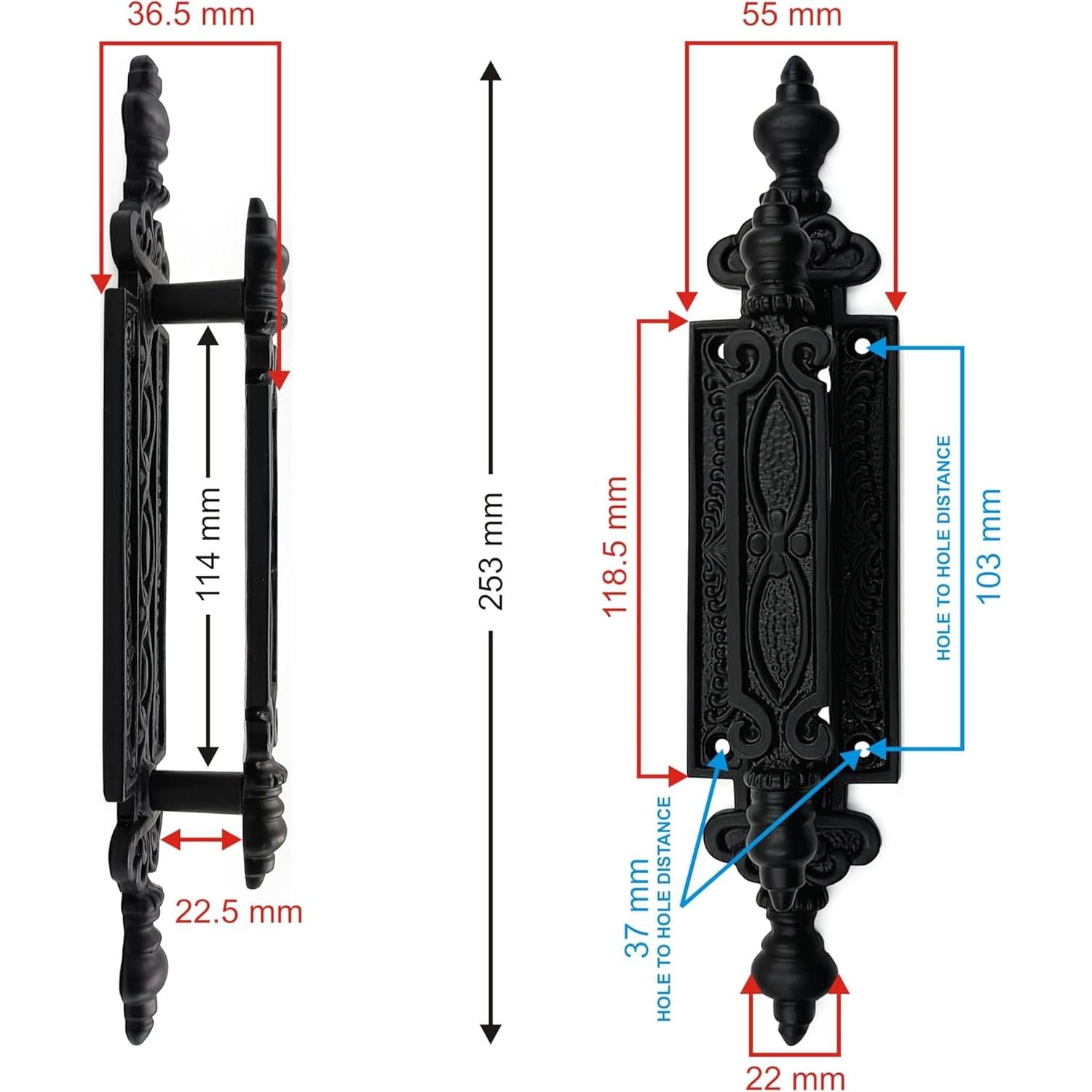 Door Pull Handle Strong Cast Iron Construction | Decorative Handle Antique Iron Finish | Vintage Style Hardware for Doors, Cabinets & Gates | 253 mm Length x 55 mm Width