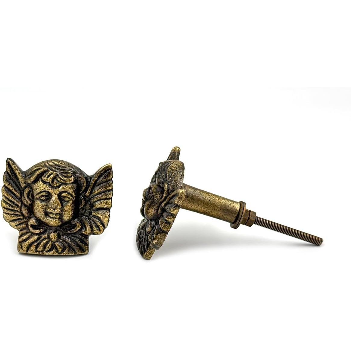 HAMILTON BRASS Angel Face Cabinet Knob | Antique Brass Cherub Drawer Pull Handle for Cabinets Dressers Wardrobes | 47x40 mm Vintage Angel Design Decorative Knob | Artistic Furniture Hardware