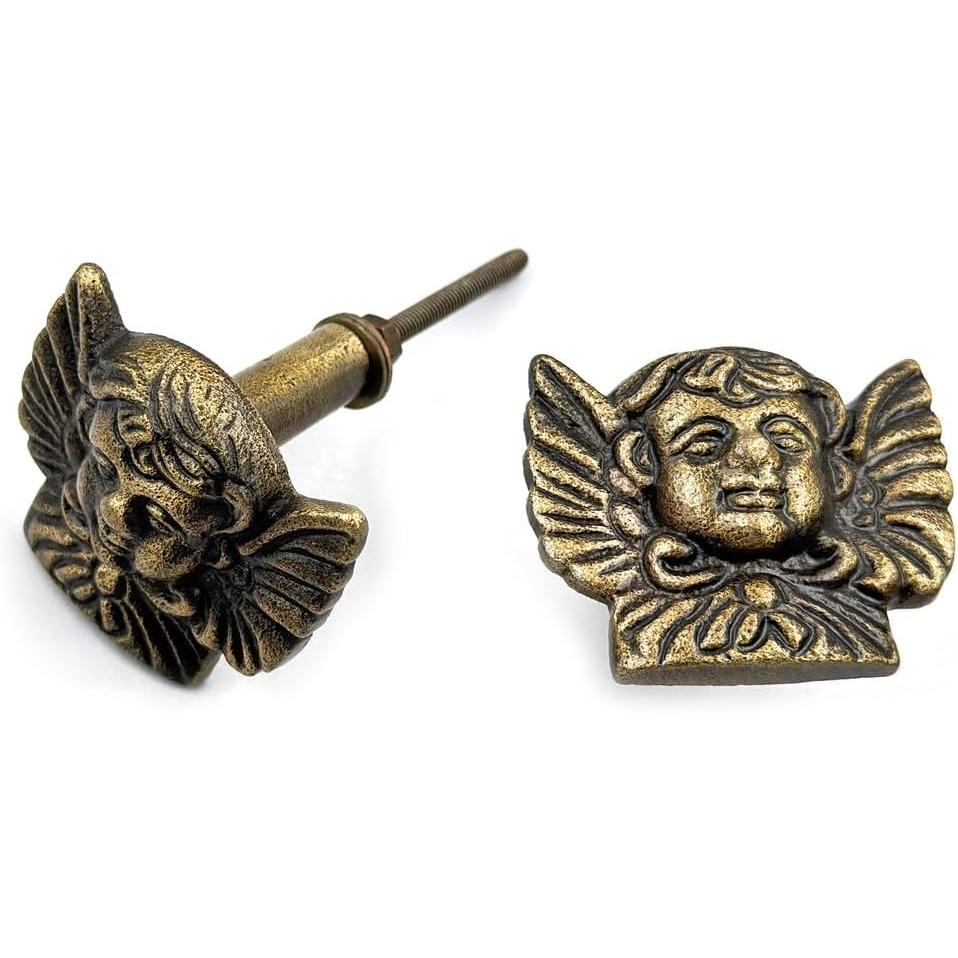 HAMILTON BRASS Angel Face Cabinet Knob | Antique Brass Cherub Drawer Pull Handle for Cabinets Dressers Wardrobes | 47x40 mm Vintage Angel Design Decorative Knob | Artistic Furniture Hardware