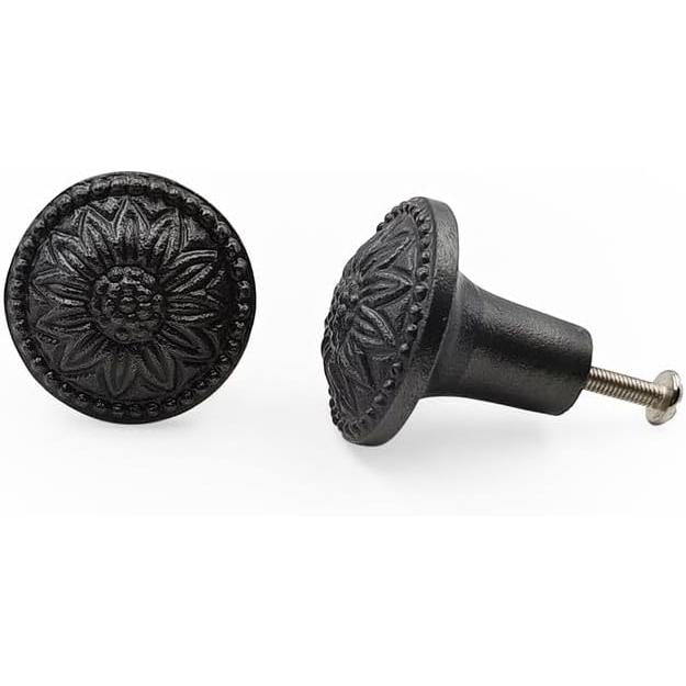 HAMILTON BRASS Decorative Black Cast Iron Knob | Antique Iron Round Cabinet Pull Handle Detailed Border Design for Drawers, Dressers, Cupboards, Kitchen Cabinets, (32.3mm x 31mm 51mm)
