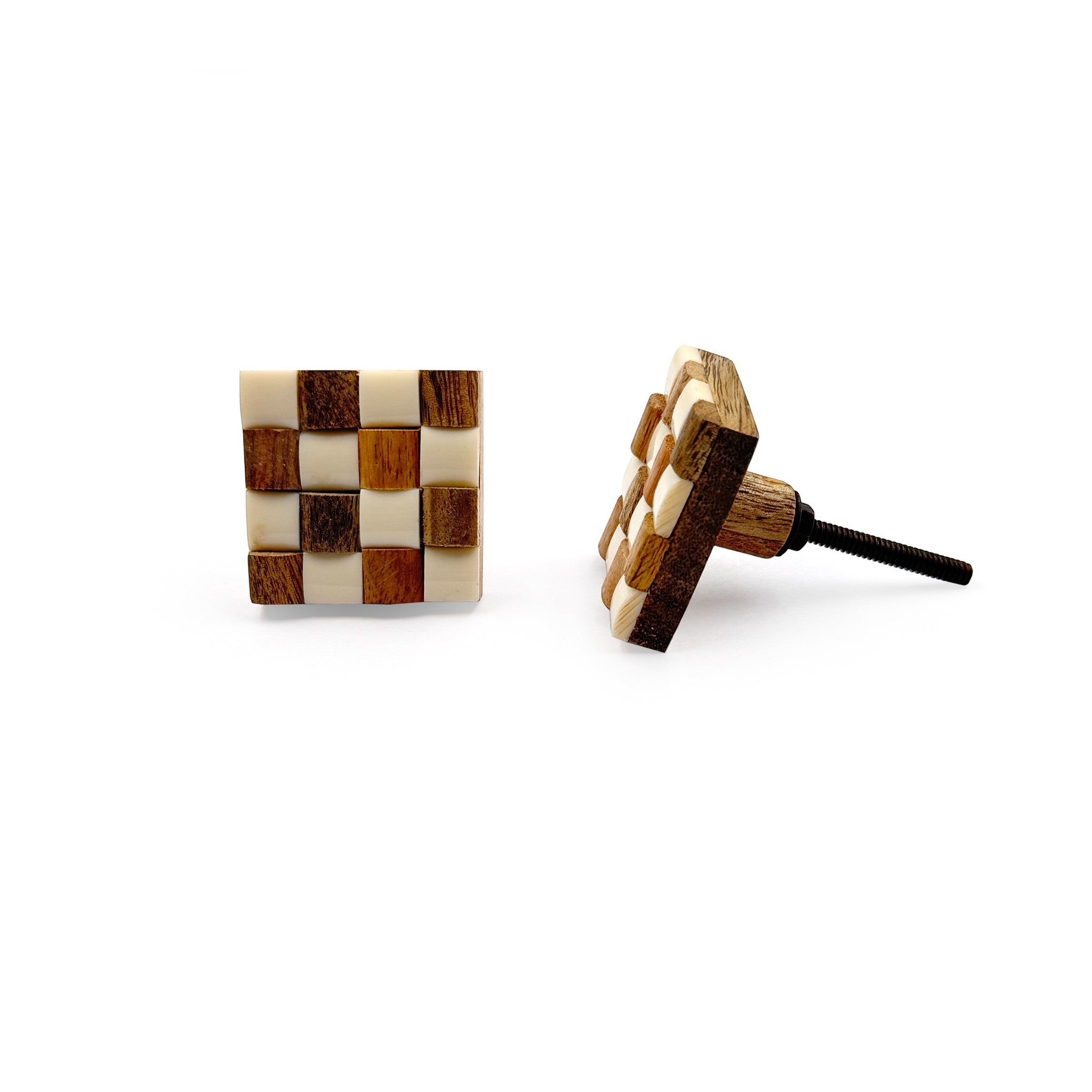 HAMILTON BRASS Decorative Cabinet Knob – Square Checkerboard Design Wood & Resin Drawer Pull Handle | Ceramic Finish Furniture Knob for Cabinets Dressers Drawers Wardrobes (41mm x 41mm x 26mm)