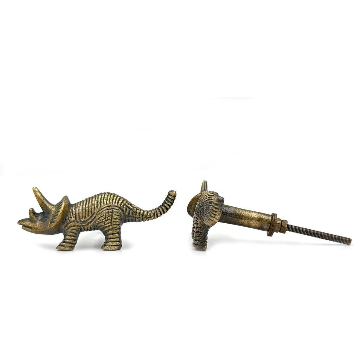 HAMILTON BRASS Dinosaur Cabinet Knob | Antique Brass Triceratops Drawer Pull Handle for Kids Furniture | Solid Brass Animal Design Decorative Knob for Cupboard Wardrobe | 81x30 mm Vintage Hardware