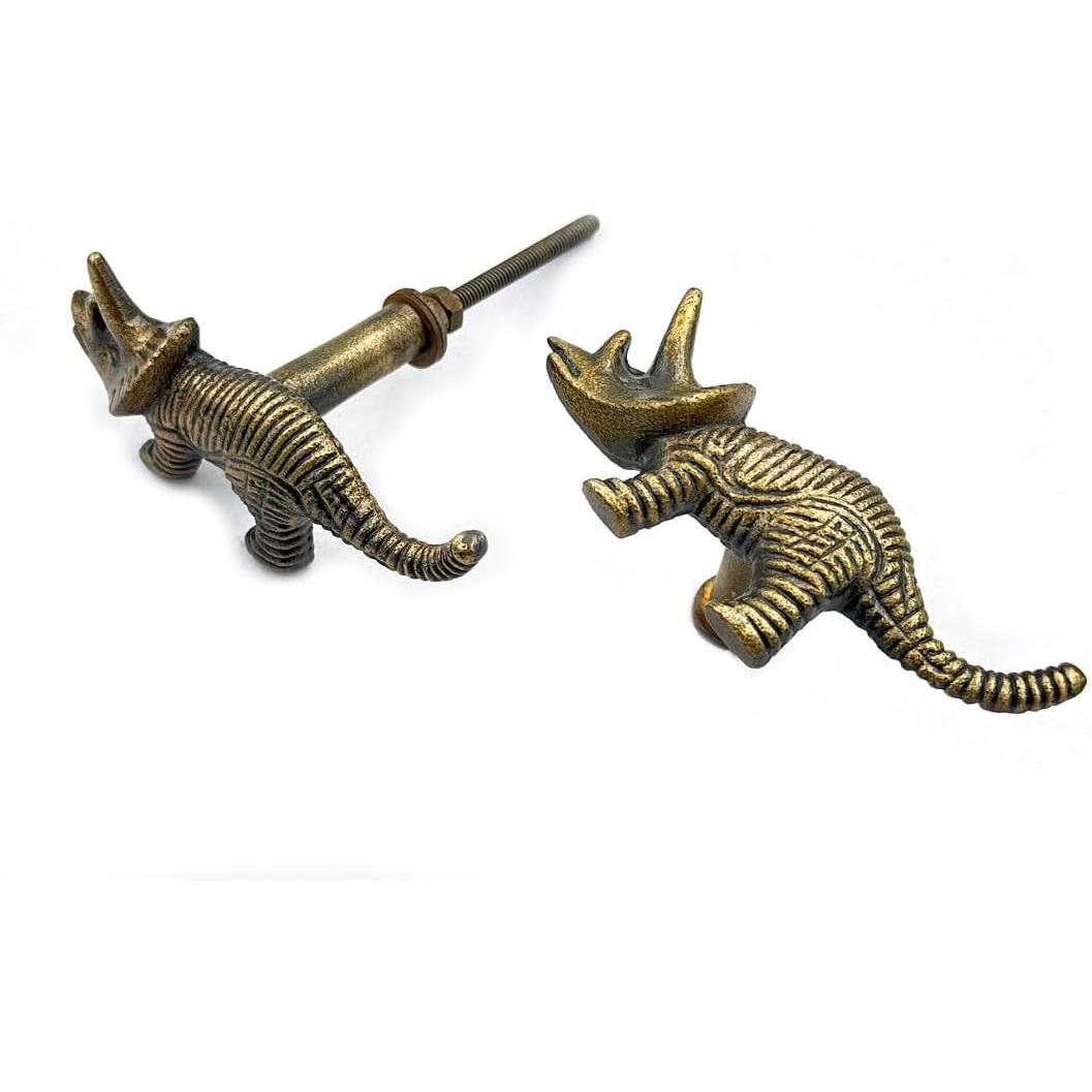 HAMILTON BRASS Dinosaur Cabinet Knob | Antique Brass Triceratops Drawer Pull Handle for Kids Furniture | Solid Brass Animal Design Decorative Knob for Cupboard Wardrobe | 81x30 mm Vintage Hardware