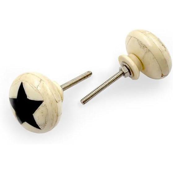 HAMILTON BRASS Round Bone & Wood Knob with Ceramic Finish | Black Star Inlay Decorative Drawer & Cabinet Pull Handle | 37x37 mm Face | 66 mm Length | 27 mm Height | Furniture Hardware