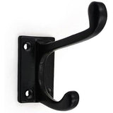 HAMILTON BRASS Wall Mounted Cast Iron Double Coat Hook | Black Powder Coated Finish | 73 mm Height × 75 mm Width × 47 mm Depth | Decorative Hanger for Coats, Hats, Bags | Compact Metal Hook