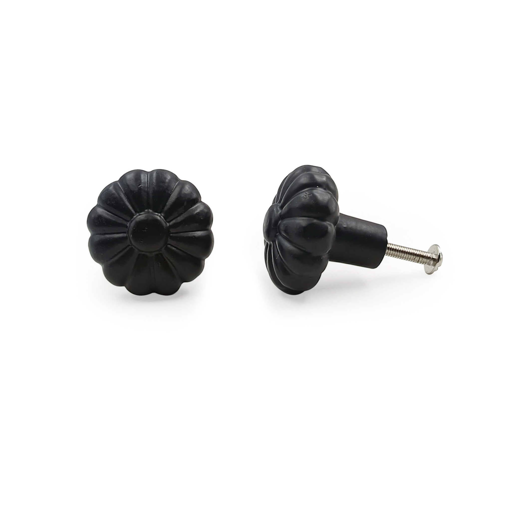 Hamilton Brass Decorative Black Cast Iron Knob | Black Powder Coated Pumpkin Shape Cabinet Pull Handle for Drawers, Dressers, Cupboards, Furniture | 36mm x 34mm 50mm with 14mm Screw