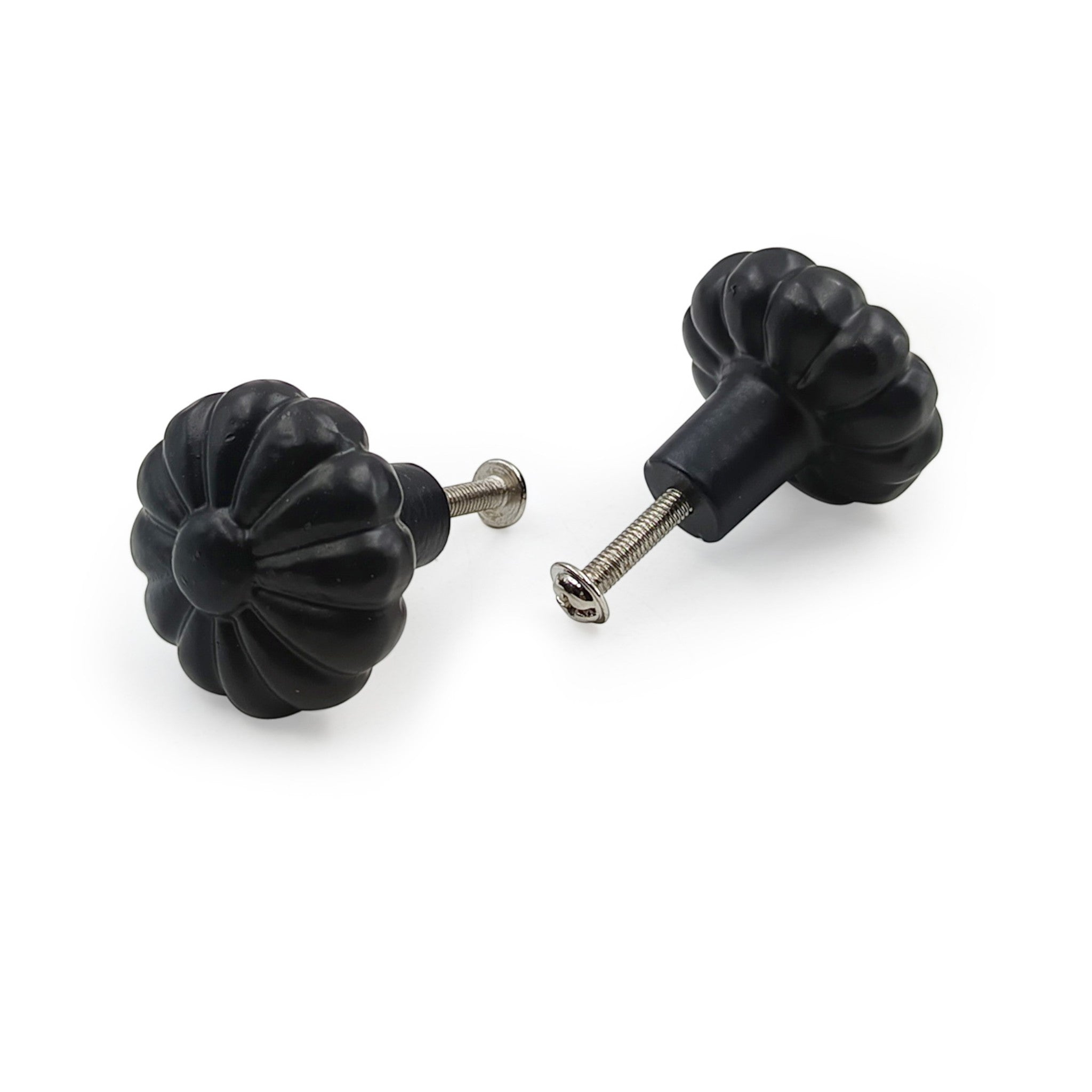 Hamilton Brass Decorative Black Cast Iron Knob | Black Powder Coated Pumpkin Shape Cabinet Pull Handle for Drawers, Dressers, Cupboards, Furniture | 36mm x 34mm 50mm with 14mm Screw