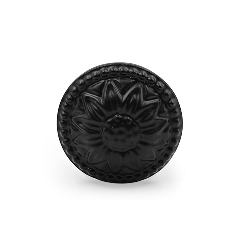 Hamilton Brass Decorative Cast Iron Knob Black Powder Coated | Sunflower Design Cabinet Handle Detailed Border for Drawers, Cupboards, Kitchen Cabinets, (36mm x 37mm 55mm)