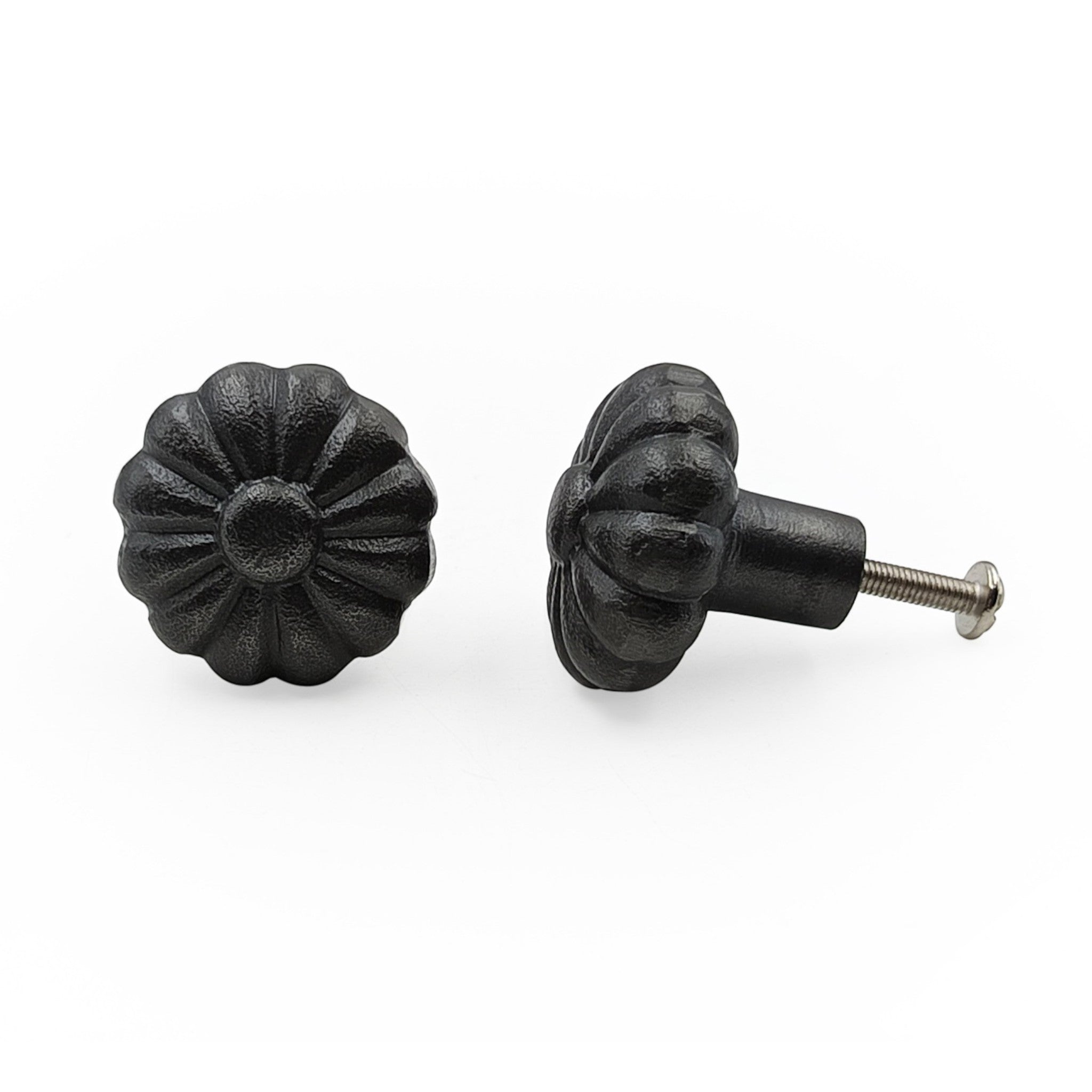 Hamilton Brass Decorative Black Cast Iron Knob | Antique Iron Pumpkin Shape Cabinet Pull Handle for Drawers, Dressers, Cupboards, Furniture | 36mm x 34mm 50mm with 14mm Screw