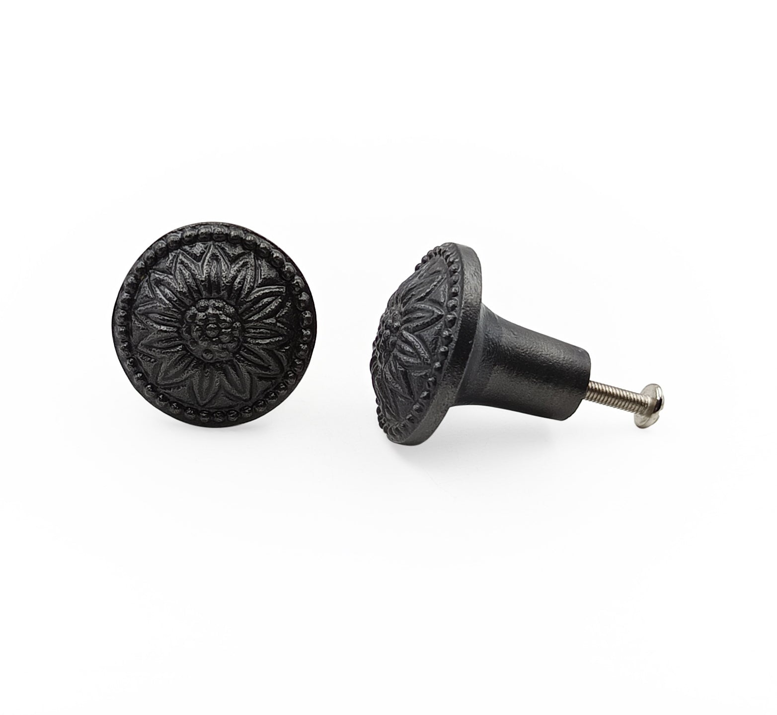 Hamilton Brass Decorative Black Cast Iron Knob | Antique Iron Sunflower Design Cabinet Handle Detailed Border for Drawers, Dressers, Cupboards, Kitchen Cabinets, (36mm x 37mm 55mm)