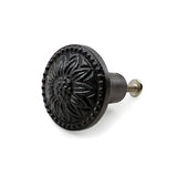 Hamilton Brass Decorative Black Cast Iron Knob | Antique Iron Sunflower Design Cabinet Handle Detailed Border for Drawers, Dressers, Cupboards, Kitchen Cabinets, (36mm x 37mm 55mm)