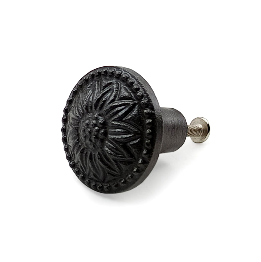 Hamilton Brass Decorative Black Cast Iron Knob | Antique Iron Sunflower Design Cabinet Handle Detailed Border for Drawers, Dressers, Cupboards, Kitchen Cabinets, (36mm x 37mm 55mm)