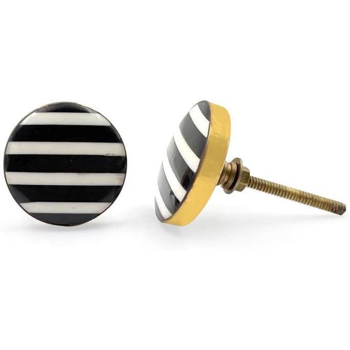 Round Brass & Resin Knob | Ceramic Finish with Black and White Striped Design | Decorative Cabinet & Drawer Pull Handle | 41x41 mm Face | 61 mm Length | 9 mm Height