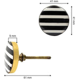 Round Brass & Resin Knob | Ceramic Finish with Black and White Striped Design | Decorative Cabinet & Drawer Pull Handle | 41x41 mm Face | 61 mm Length | 9 mm Height